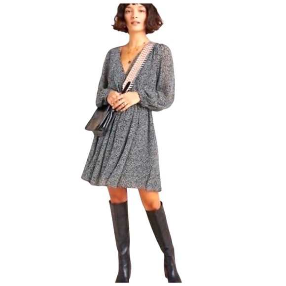 Anthropologie Dresses & Skirts - Anthropologie Floral Print Dress Long Sleeve Mini Dress Black Gray S